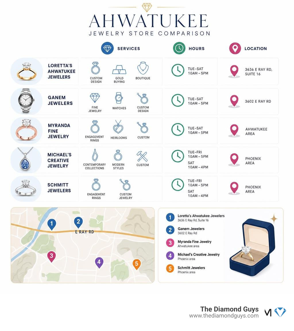 Infographic comparing top Ahwatukee jewelry stores by services, hours, and location infographic Infographic comparing top Ahwatukee jewelry stores by services, hours, and location infographic