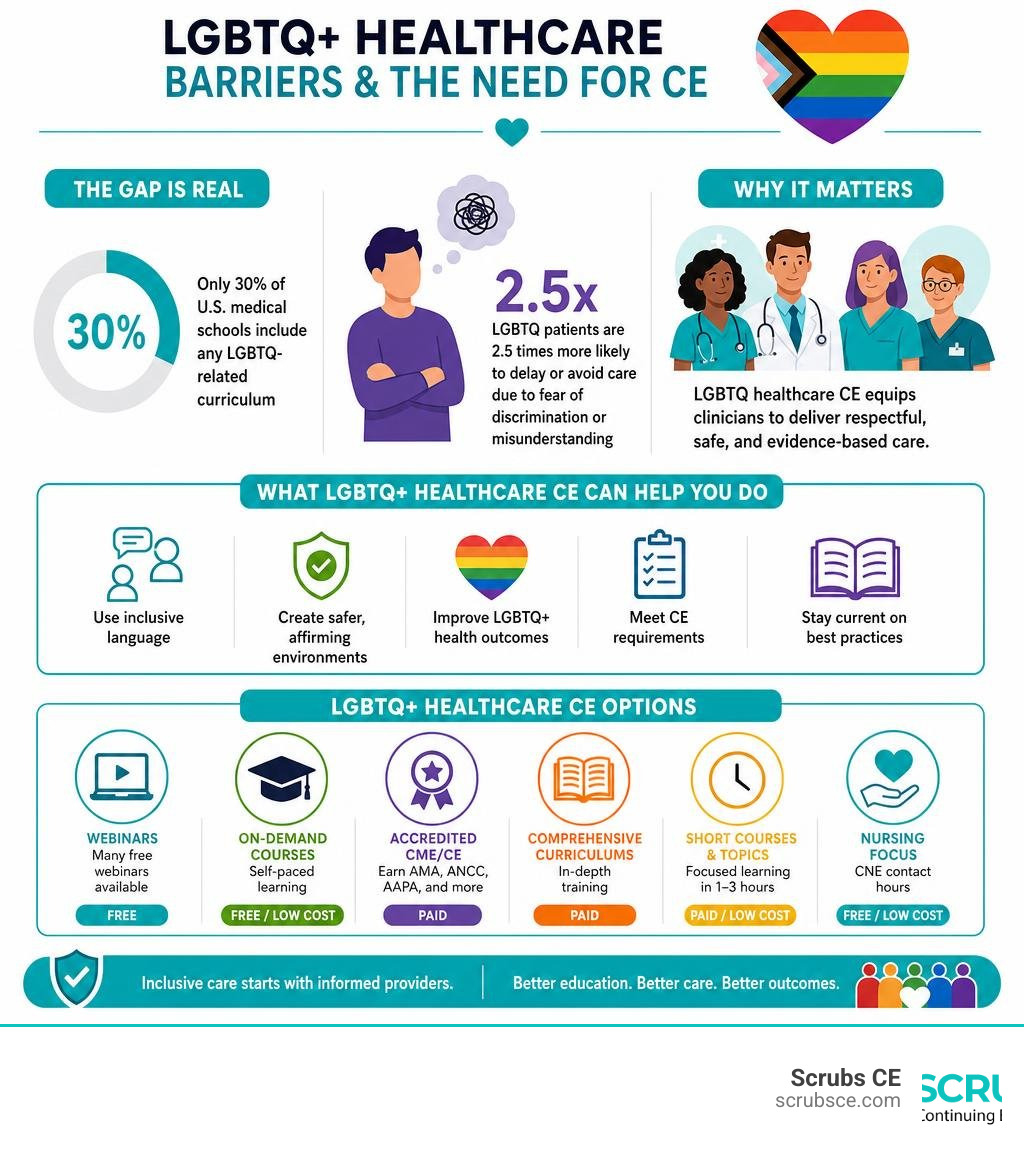 Key LGBTQ+ healthcare barriers and CE options overview infographic infographic Key LGBTQ+ healthcare barriers and CE options overview infographic infographic