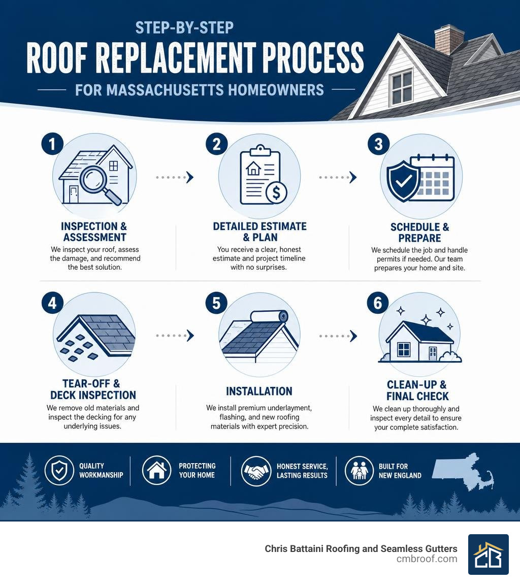 Step-by-step roof replacement process infographic for Massachusetts homeowners infographic Step-by-step roof replacement process infographic for Massachusetts homeowners infographic