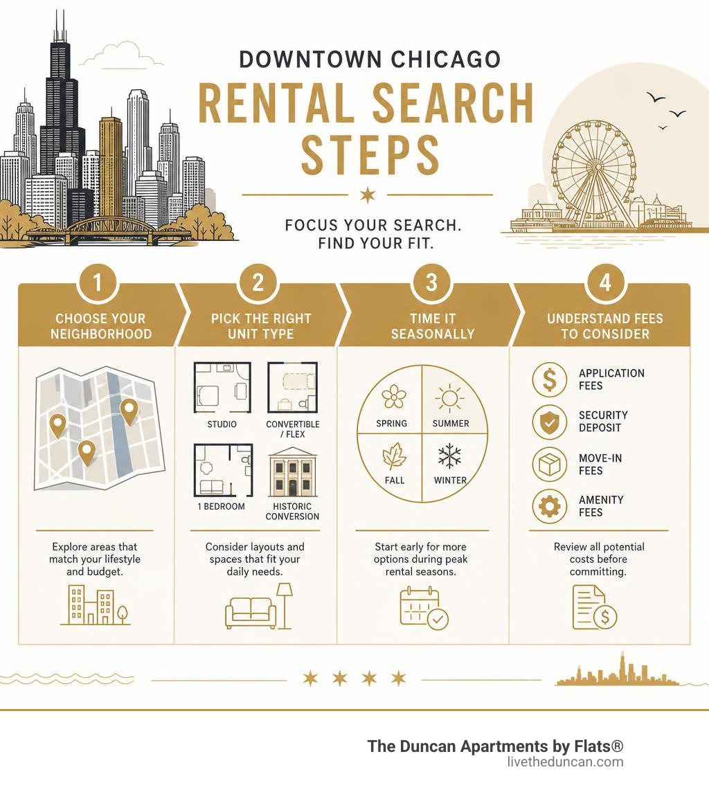 Downtown Chicago rental search steps infographic: neighborhoods, unit types, seasonal timing, and fees to consider Downtown Chicago rental search steps infographic: neighborhoods, unit types, seasonal timing, and fees to consider