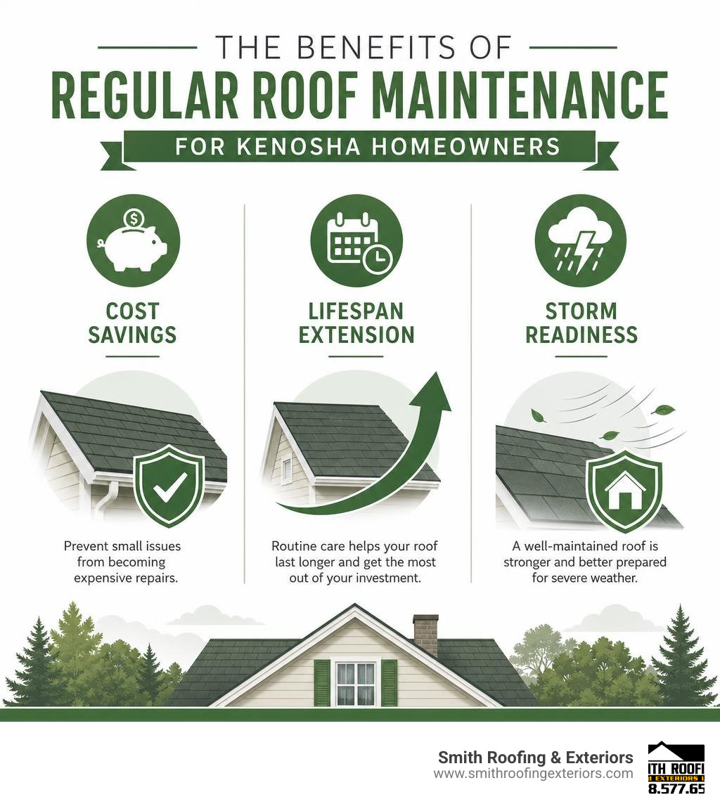 Benefits of regular roof maintenance for Kenosha homeowners: cost savings, lifespan extension, storm readiness infographic Benefits of regular roof maintenance for Kenosha homeowners: cost savings, lifespan extension, storm readiness infographic