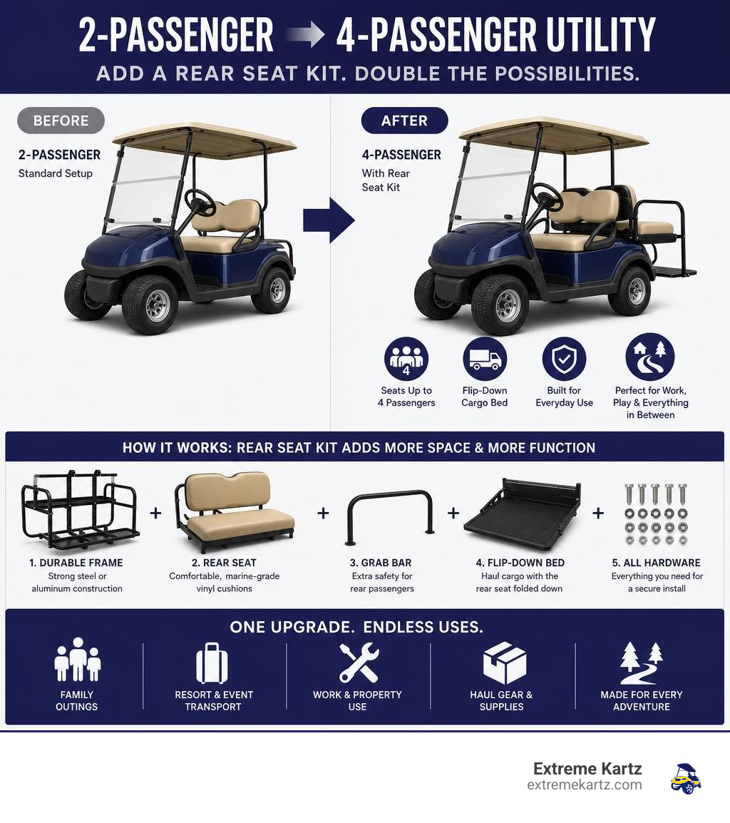Infographic showing how a 2-passenger Club Car converts to a 4-passenger utility vehicle with a rear seat kit infographic Infographic showing how a 2-passenger Club Car converts to a 4-passenger utility vehicle with a rear seat kit infographic