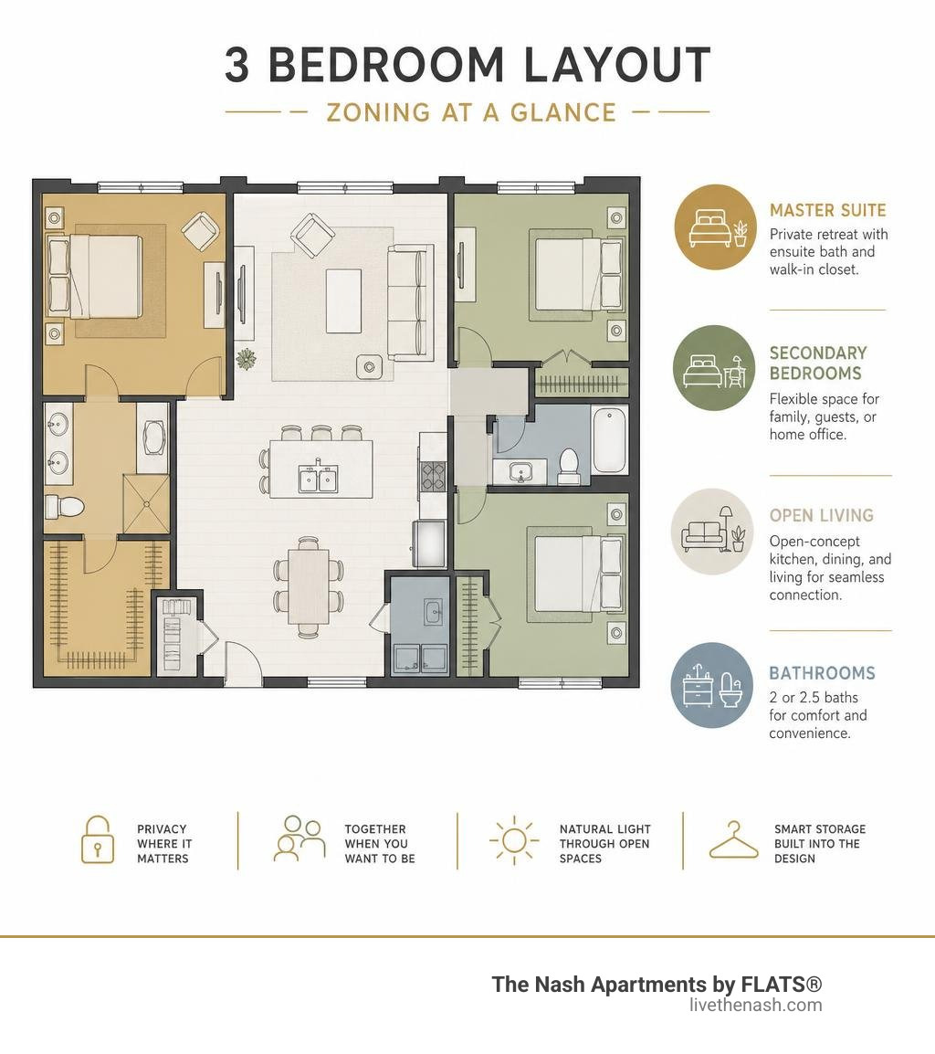 Infographic showing 3 bedroom layout zoning: master suite, secondary bedrooms, open living, bathrooms infographic