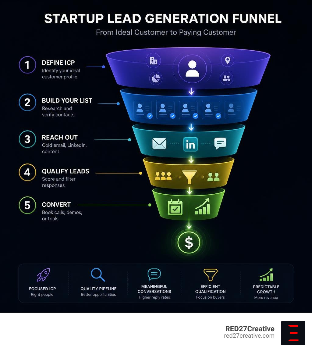 Startup lead generation funnel showing ICP definition, list building, outreach, qualification, and conversion stages Startup lead generation funnel showing ICP definition, list building, outreach, qualification, and conversion stages