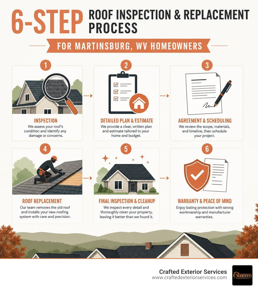 6-step roof inspection and replacement process for Martinsburg WV homeowners infographic