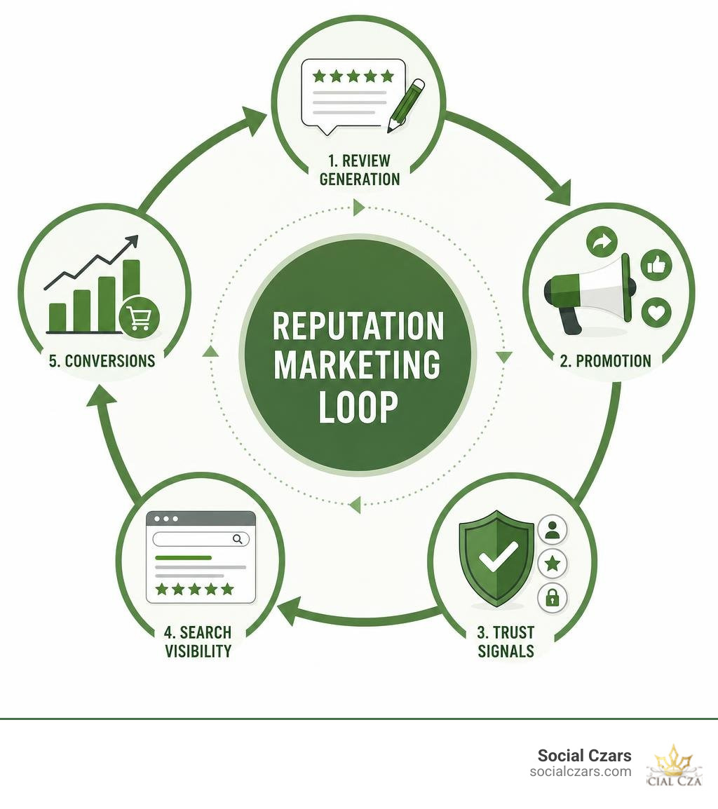 Reputation marketing loop: review generation, promotion, trust signals, search visibility, conversions infographic