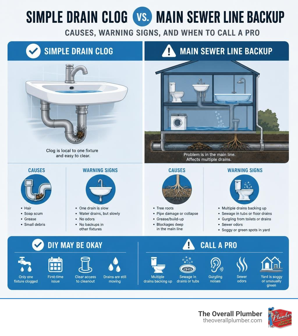 Simple drain clog vs main sewer line backup — causes, warning signs, and when to call a pro infographic Simple drain clog vs main sewer line backup — causes, warning signs, and when to call a pro infographic