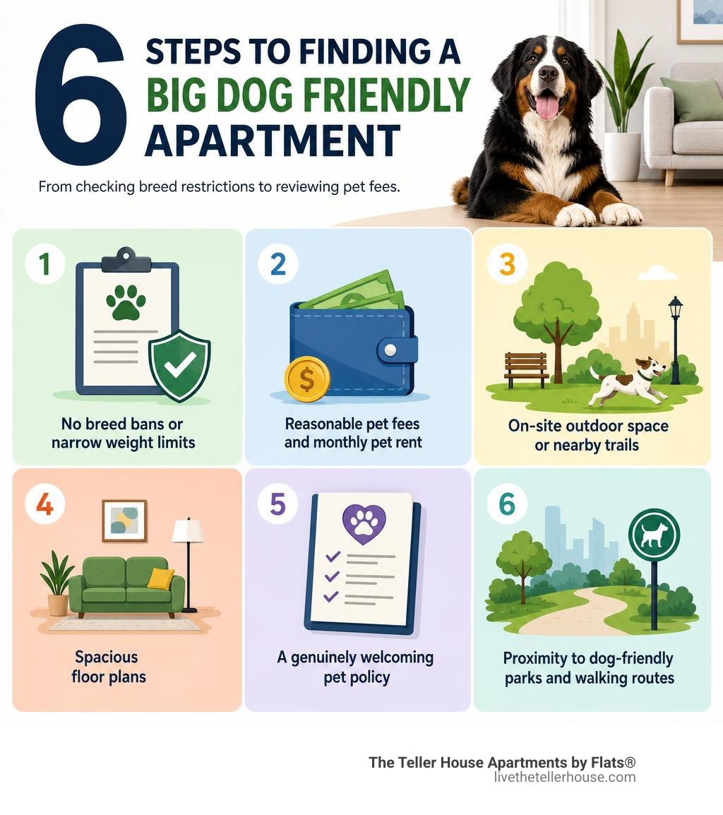 Infographic: 6 steps to finding a big dog friendly apartment, from checking breed restrictions to reviewing pet fees