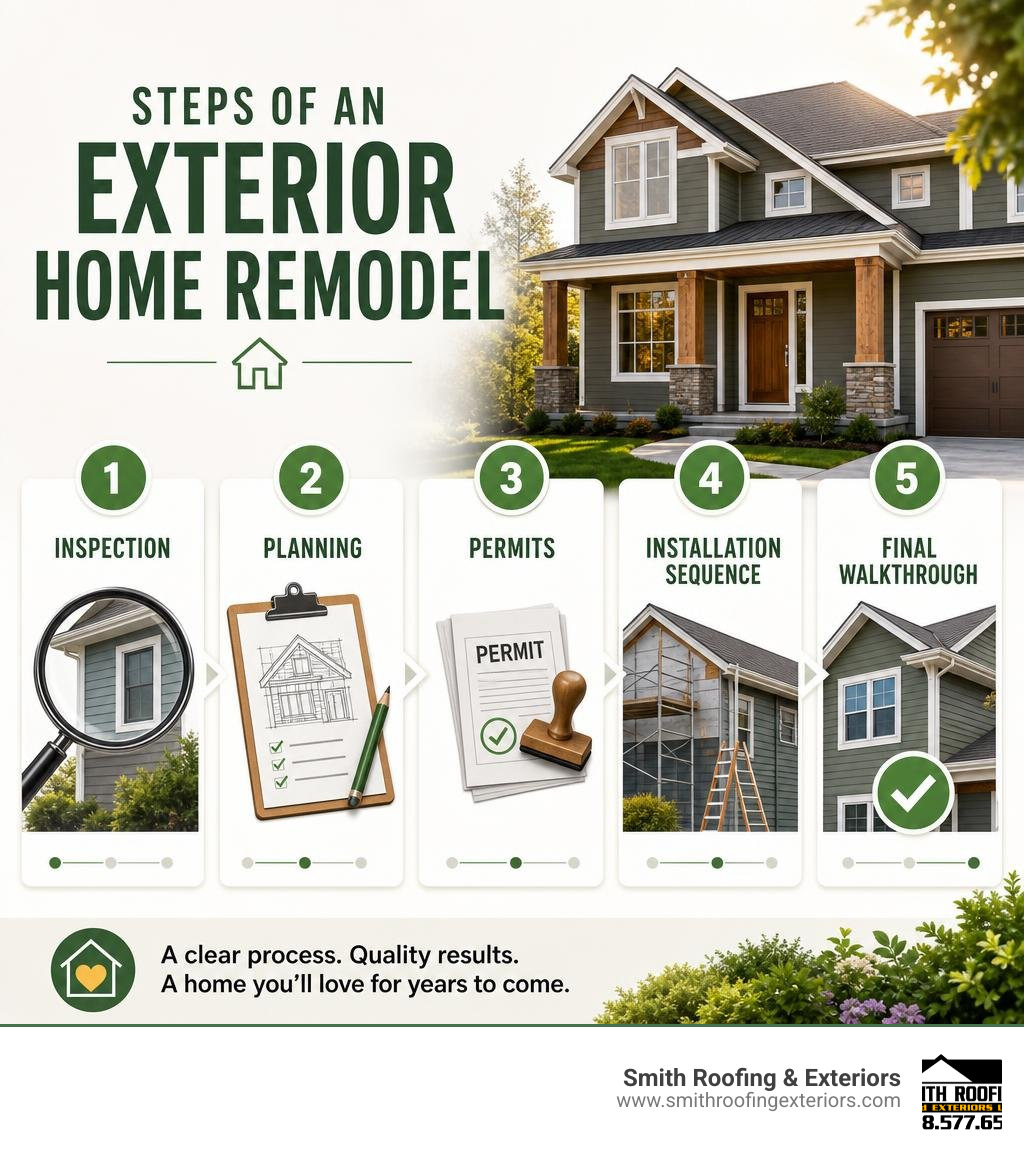 Steps of an exterior home remodel: inspection, planning, permits, installation sequence, final walkthrough infographic Steps of an exterior home remodel: inspection, planning, permits, installation sequence, final walkthrough infographic