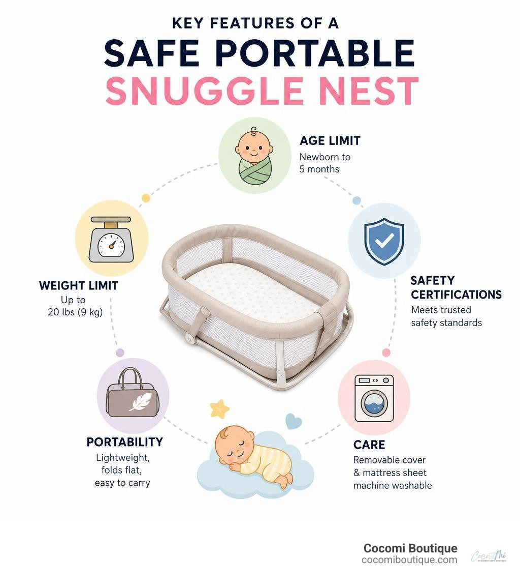 Infographic showing key features of a safe portable baby nest: age limit, weight limit, safety certifications Infographic showing key features of a safe portable baby nest: age limit, weight limit, safety certifications