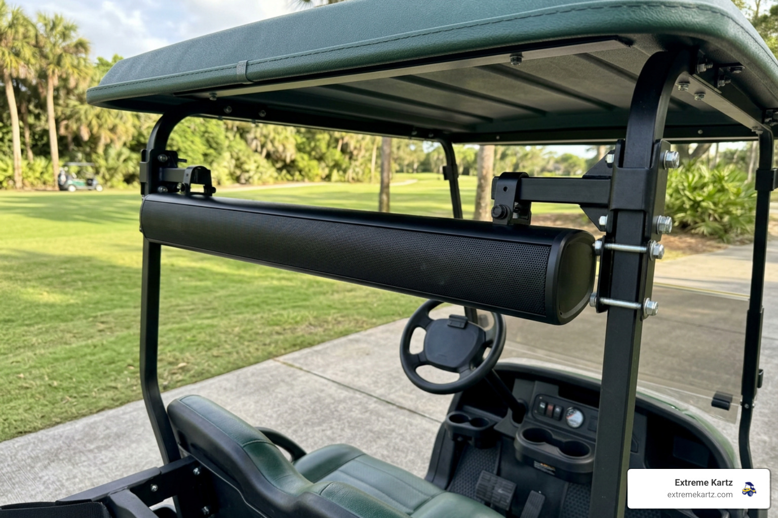 golf cart sound bar mounted under the roof between the front struts