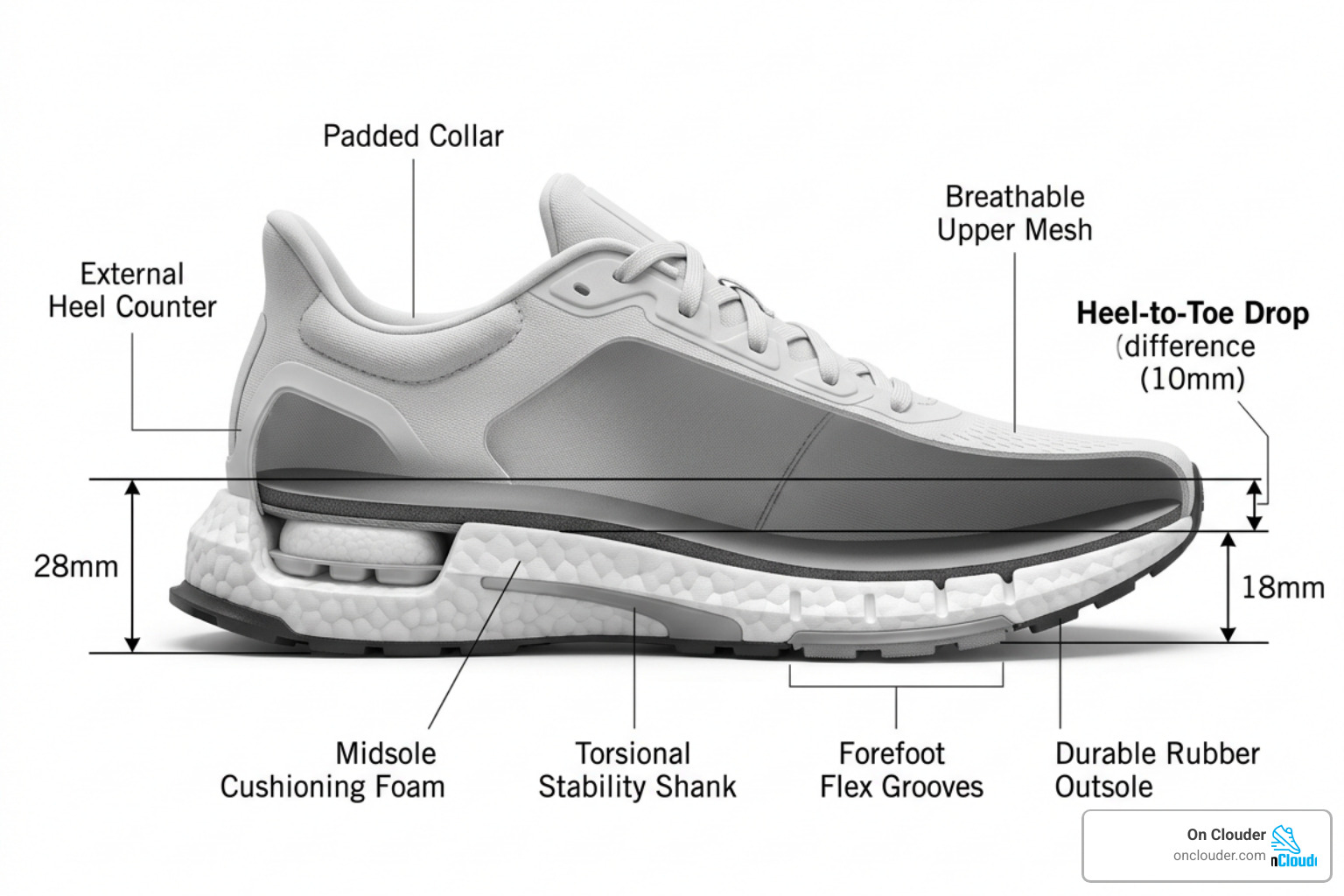 diagram of shoe anatomy showing heel-to-toe drop and midsole cushioning diagram of shoe anatomy showing heel-to-toe drop and midsole cushioning