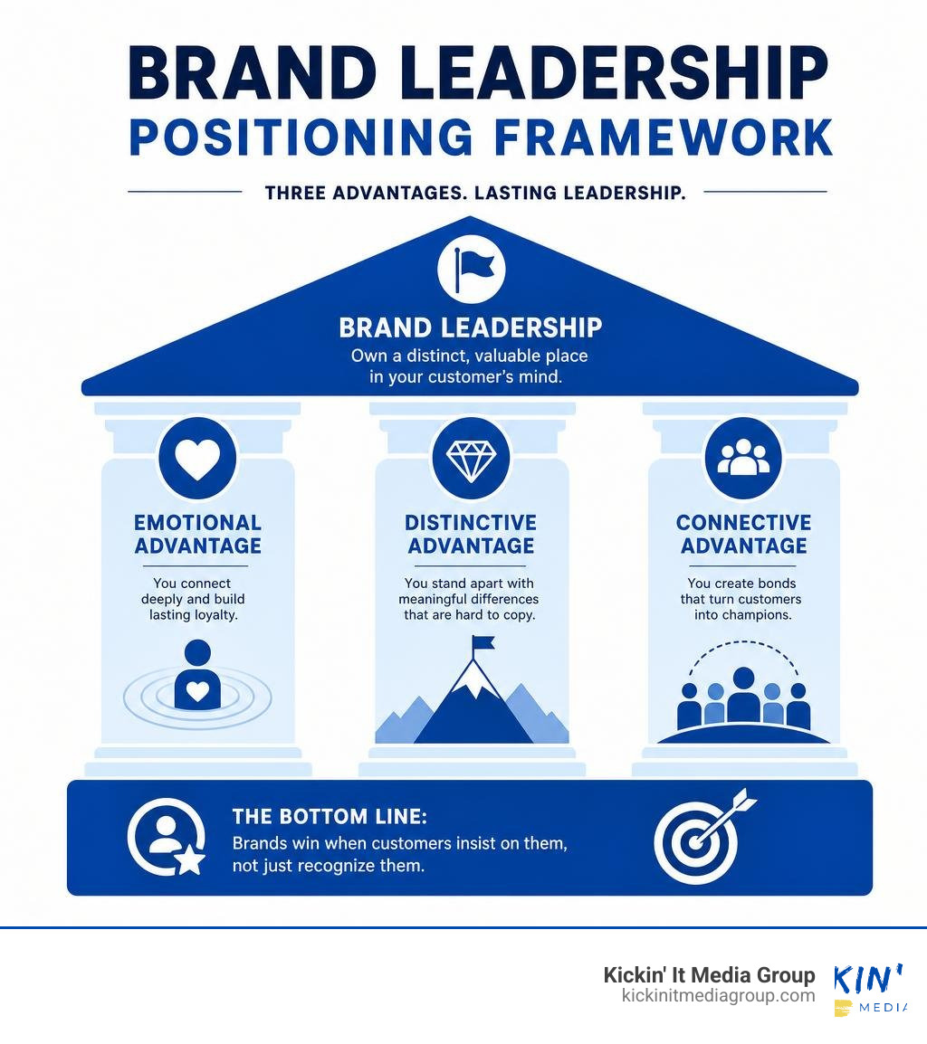 Brand leadership positioning framework showing emotional, distinctive, and connective advantages infographic Brand leadership positioning framework showing emotional, distinctive, and connective advantages infographic