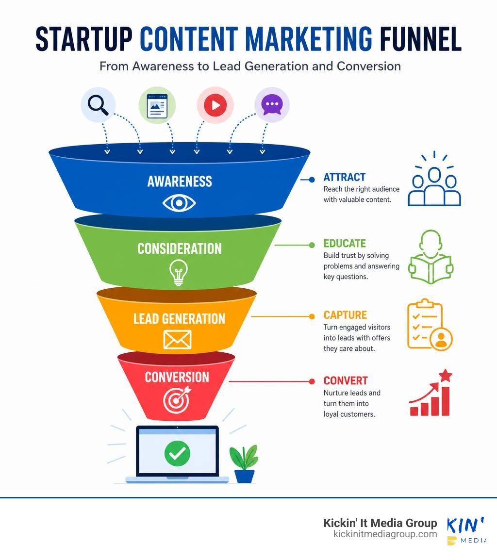 Startup content marketing funnel from awareness to lead generation and conversion infographic