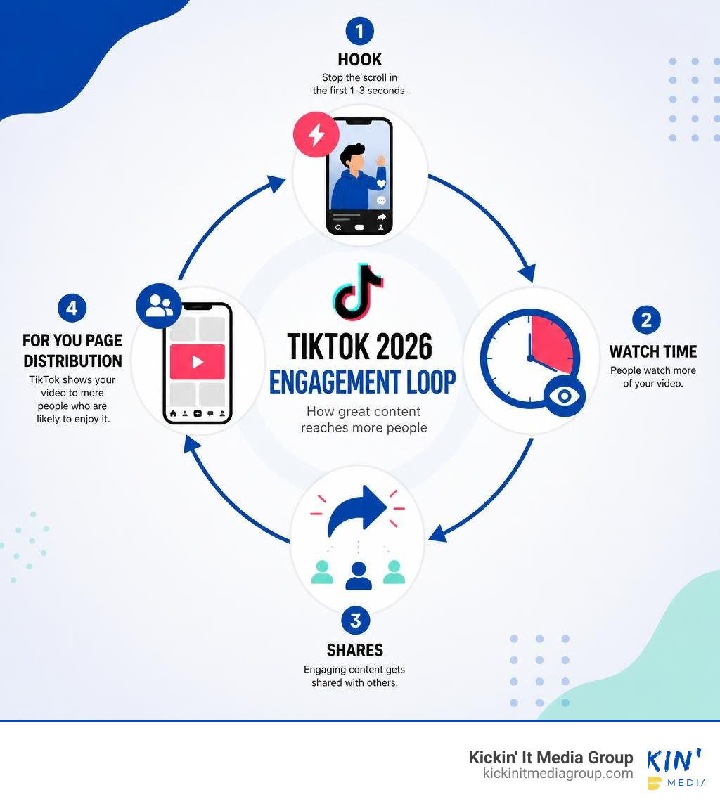 TikTok 2026 engagement loop showing hook, watch time, shares, and For You Page distribution infographic
