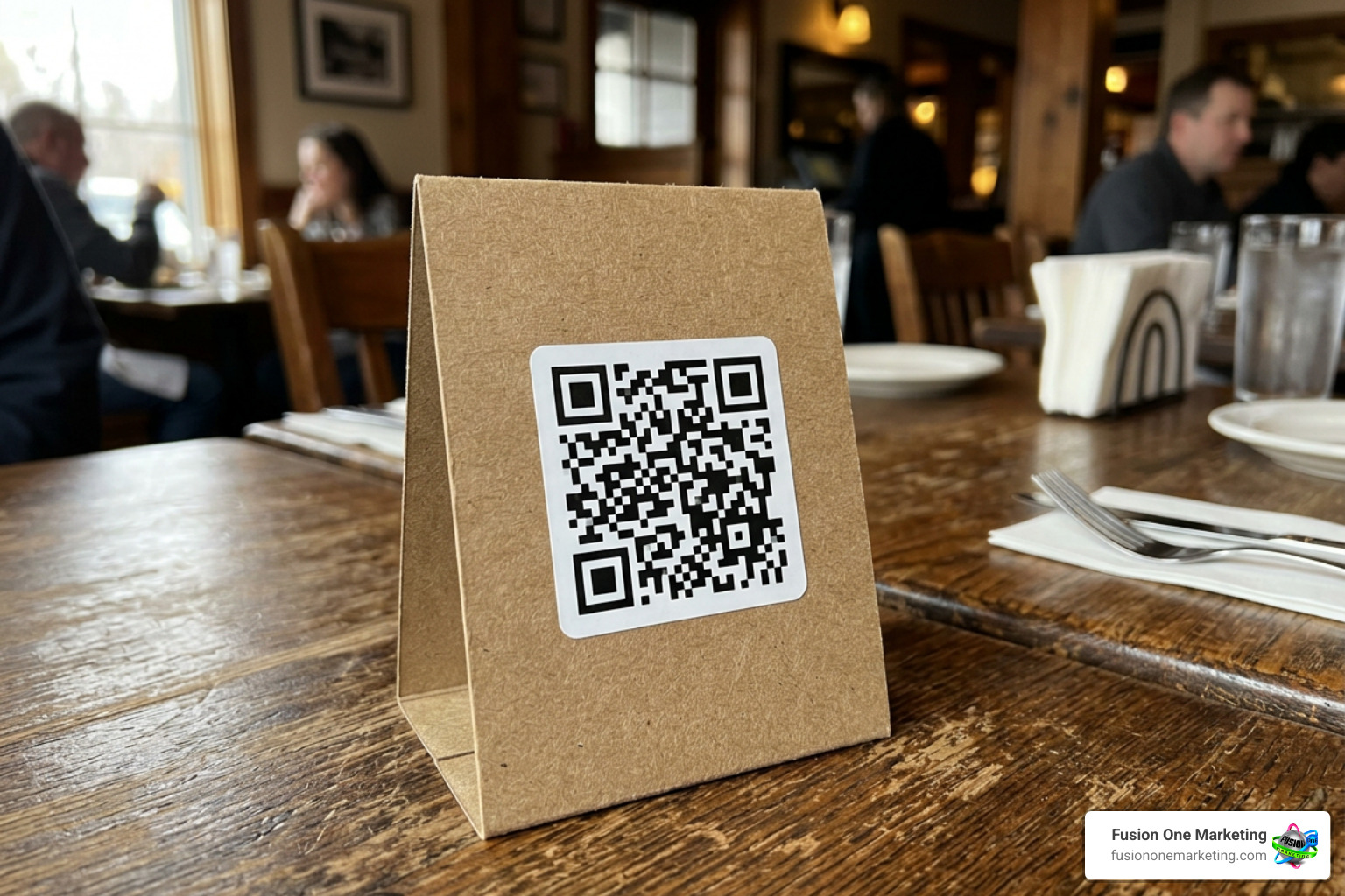 A QR code placed on a restaurant table tent on a table A QR code placed on a restaurant table tent on a table