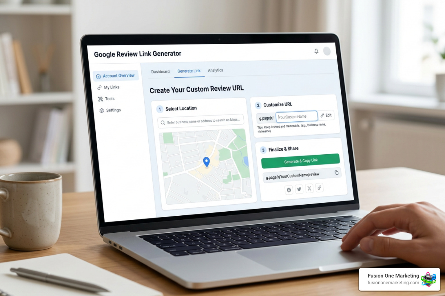 A Google review link generator dashboard showing how to create a custom URL A Google review link generator dashboard showing how to create a custom URL