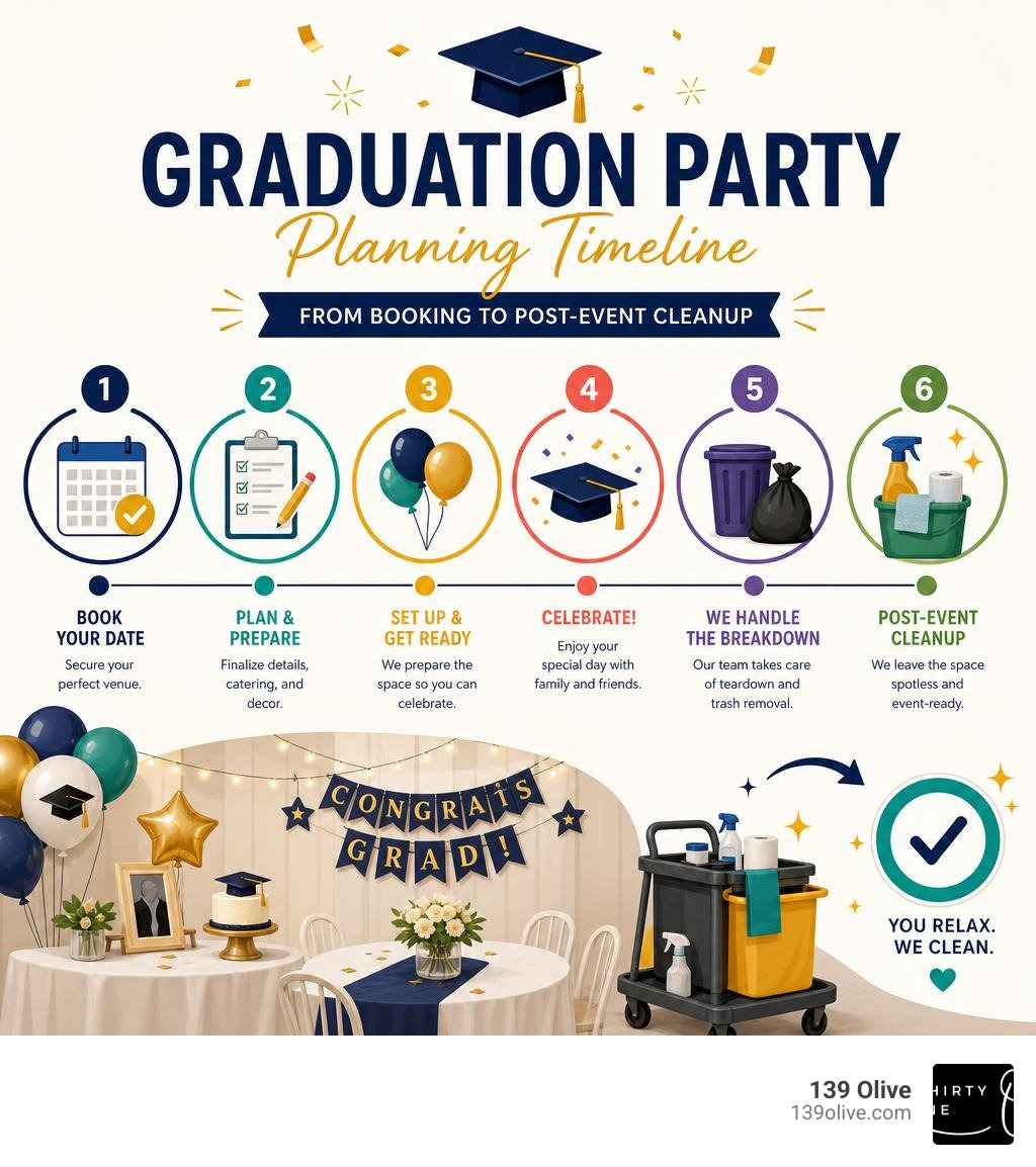 Timeline infographic showing graduation party planning steps from booking to post-event cleanup infographic Timeline infographic showing graduation party planning steps from booking to post-event cleanup infographic