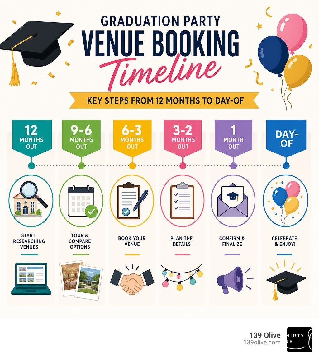 Graduation party venue booking timeline infographic showing key steps from 12 months to day-of infographic Graduation party venue booking timeline infographic showing key steps from 12 months to day-of infographic