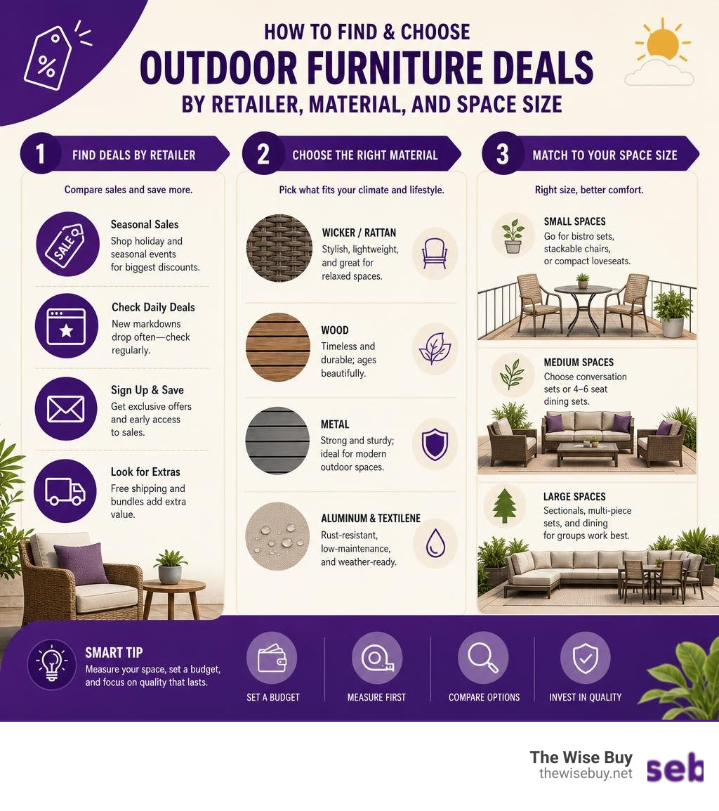 Infographic: how to find and choose outdoor furniture deals by retailer, material, and space size infographic