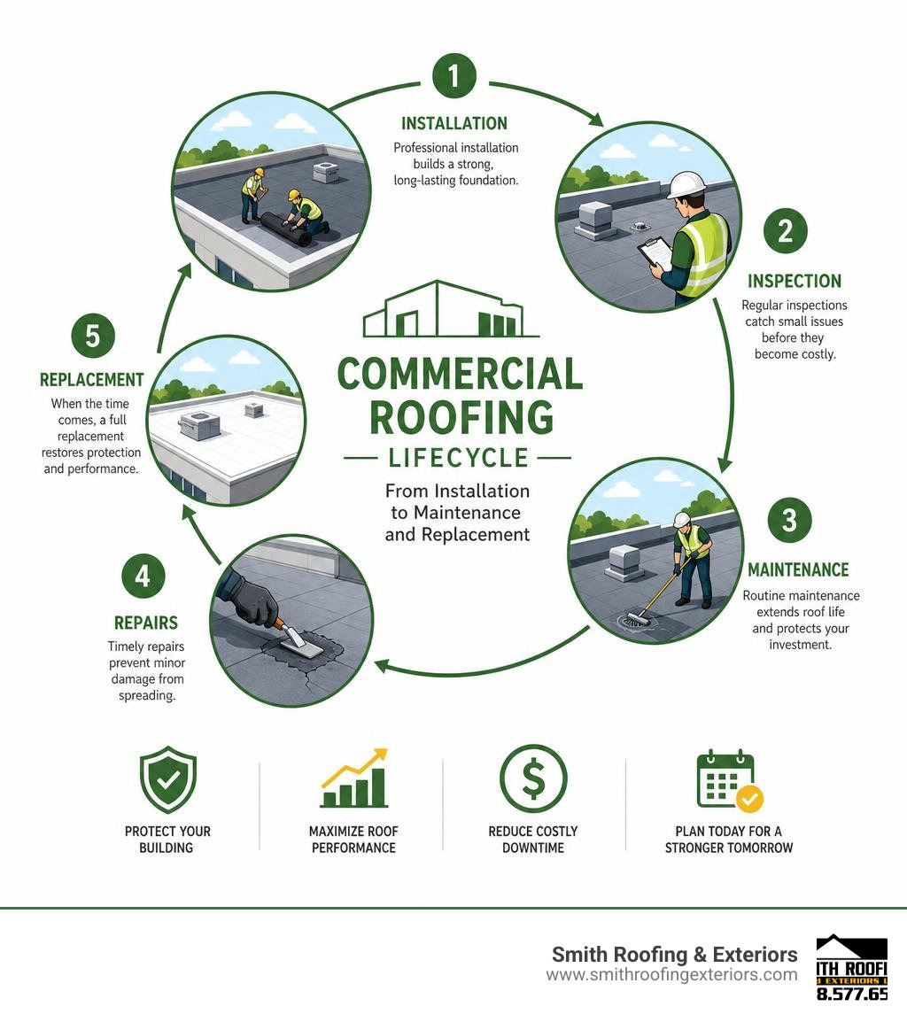Commercial roofing lifecycle from installation to maintenance and replacement infographic Commercial roofing lifecycle from installation to maintenance and replacement infographic