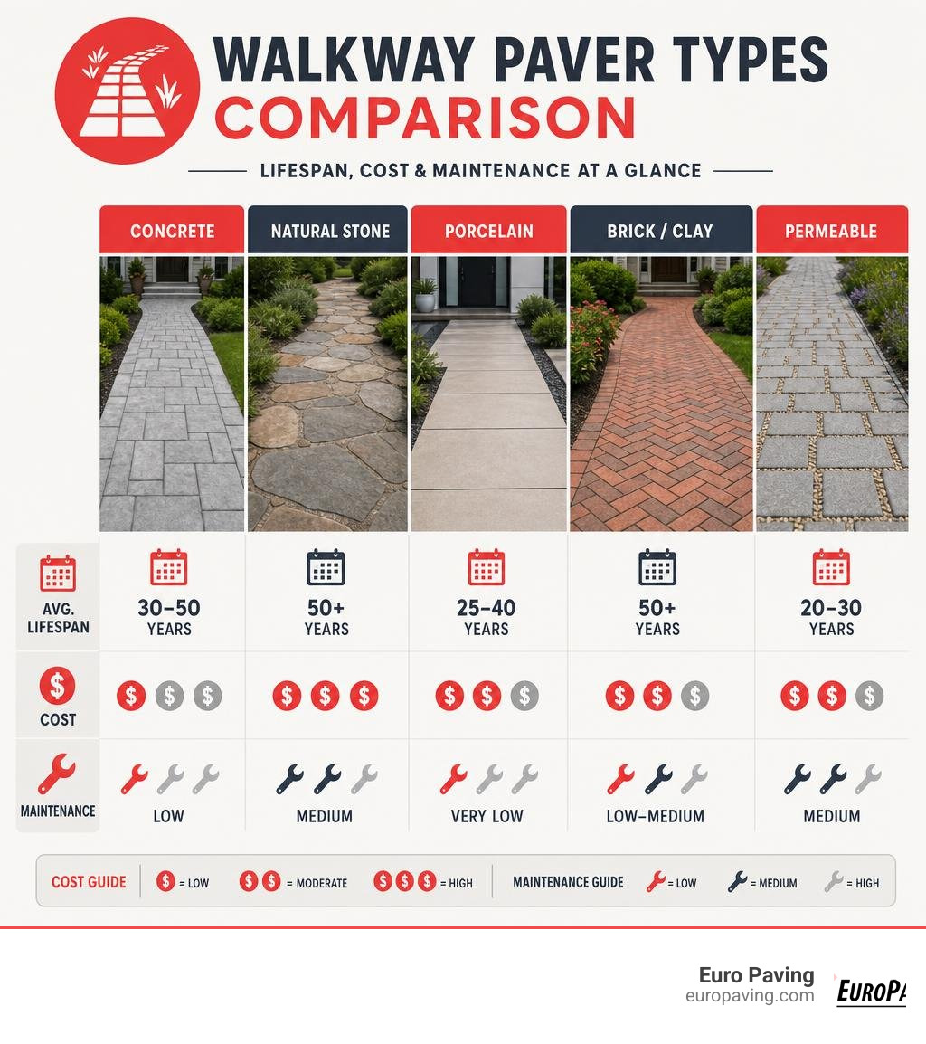 Walkway paver types comparison infographic with lifespan, cost, and maintenance ratings infographic Walkway paver types comparison infographic with lifespan, cost, and maintenance ratings infographic