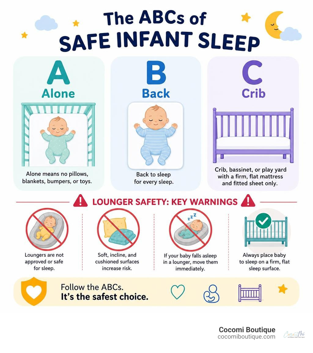 Infographic showing ABCs of safe infant sleep: Alone, Back, Crib with key lounger safety warnings infographic Infographic showing ABCs of safe infant sleep: Alone, Back, Crib with key lounger safety warnings infographic