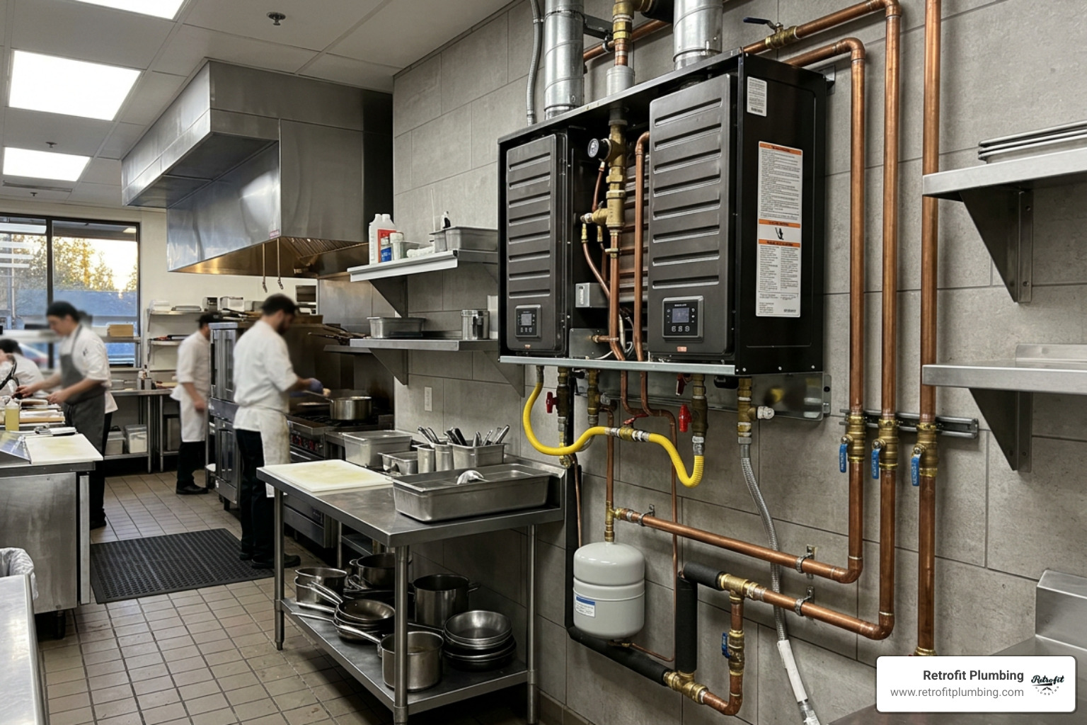 A commercial tankless water heater system mounted on a wall in a Renton restaurant A commercial tankless water heater system mounted on a wall in a Renton restaurant
