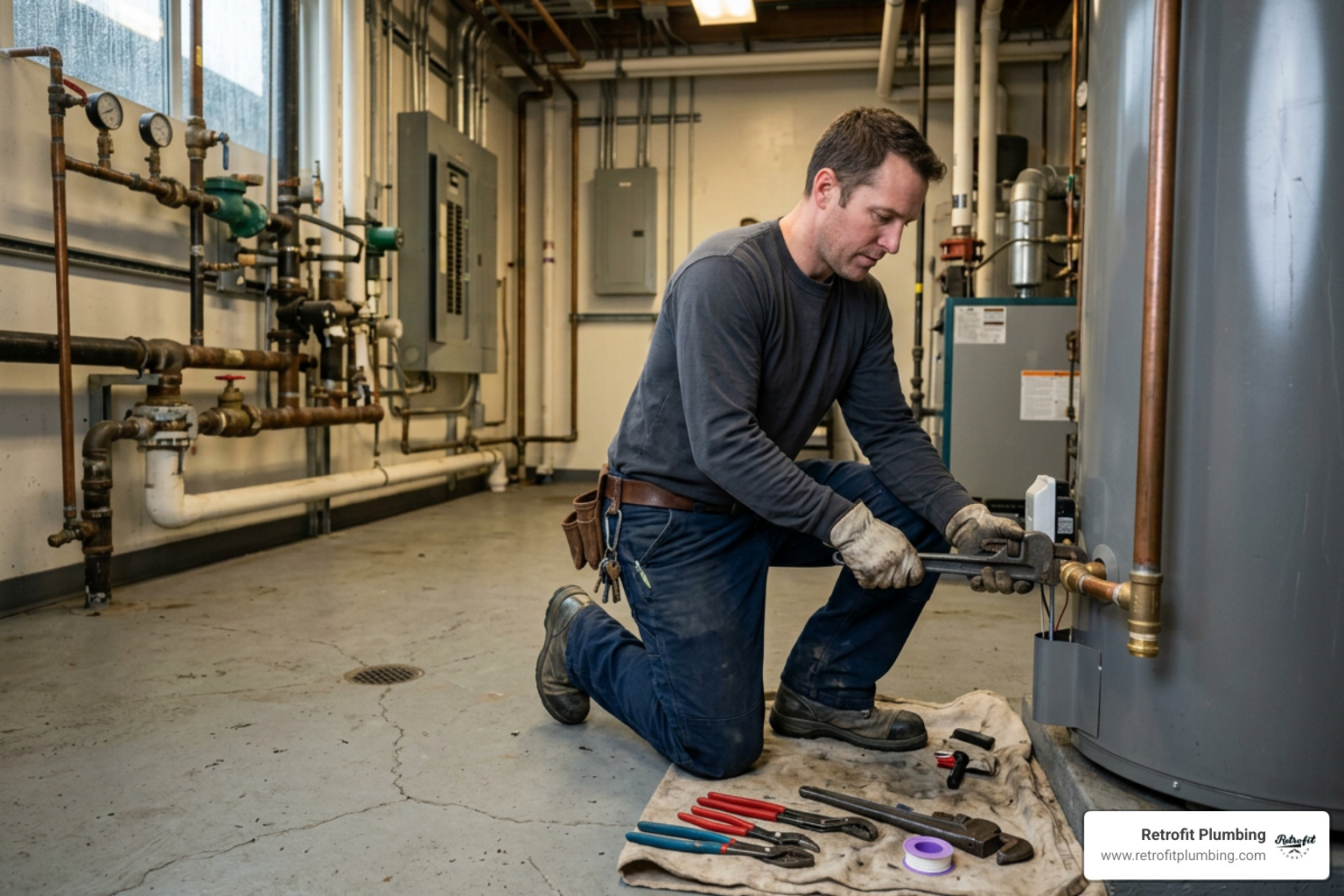 A professional plumber installing a commercial water heater in a Seattle business facility A professional plumber installing a commercial water heater in a Seattle business facility