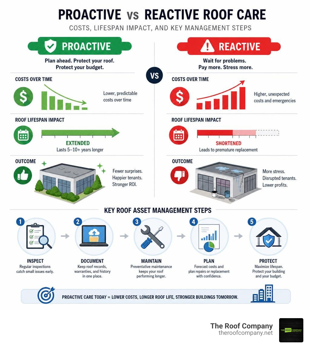 Proactive vs reactive roof care: costs, lifespan impact, and key management steps infographic Proactive vs reactive roof care: costs, lifespan impact, and key management steps infographic