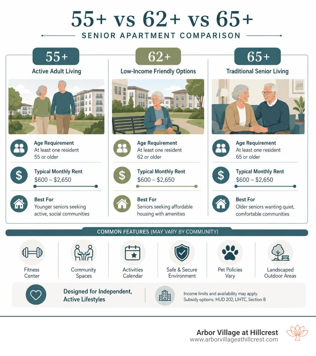 Infographic comparing 55+ vs 62+ vs 65+ senior apartment types, costs, and key features infographic