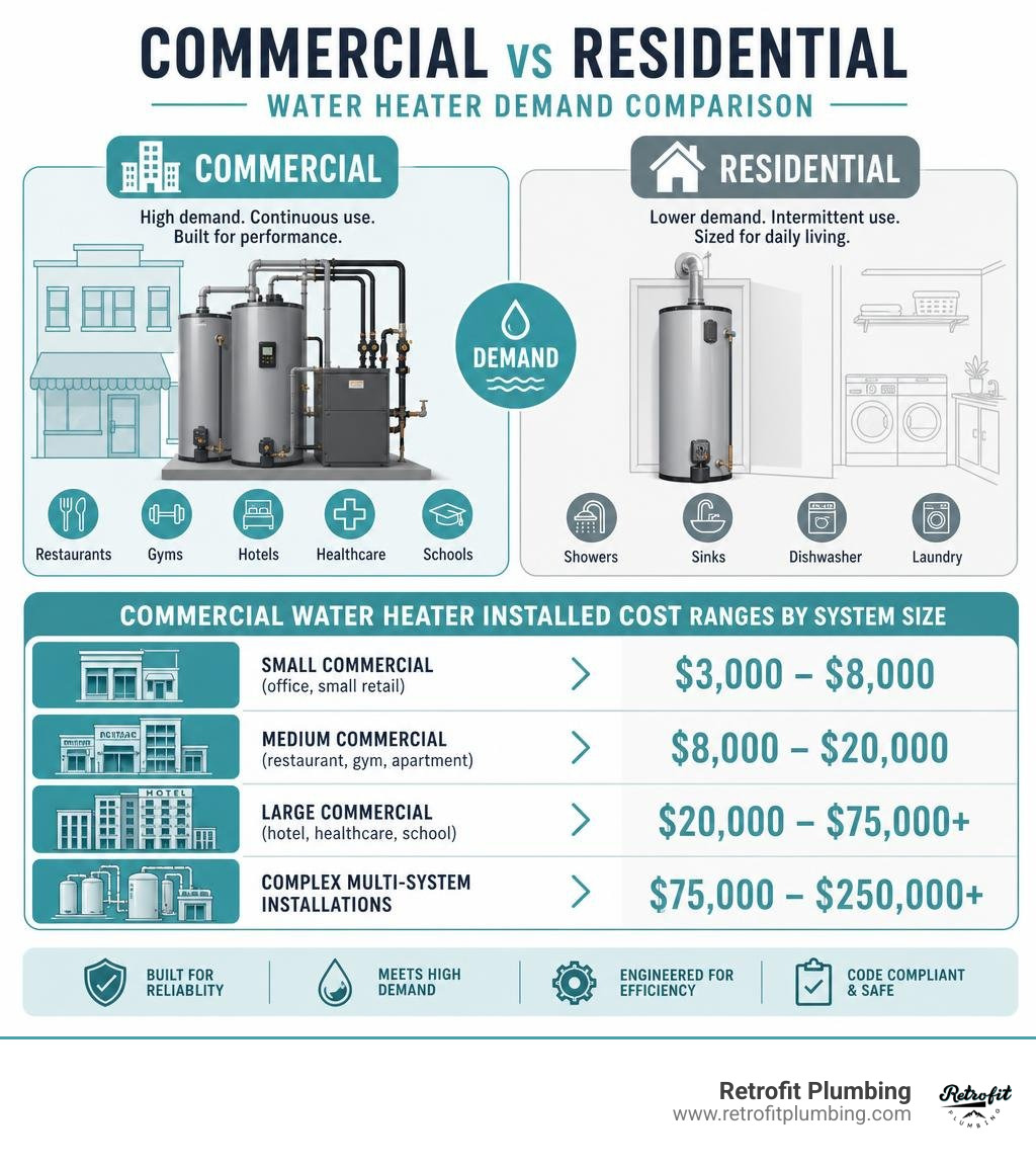 Commercial vs residential water heater demand comparison infographic with cost ranges by system size infographic Commercial vs residential water heater demand comparison infographic with cost ranges by system size infographic