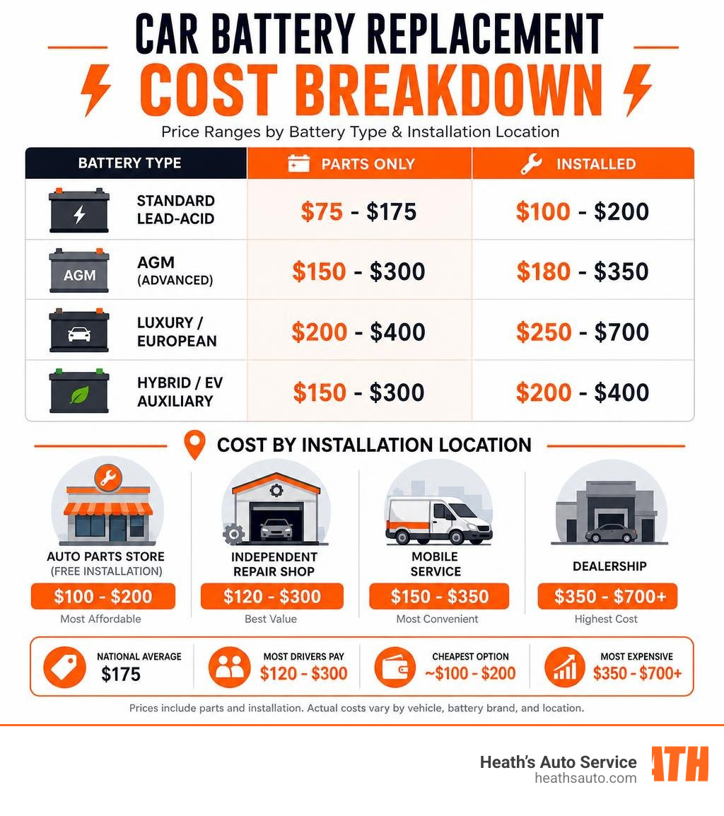 Car battery replacement cost breakdown infographic showing price ranges by battery type and installation location infographic Car battery replacement cost breakdown infographic showing price ranges by battery type and installation location infographic