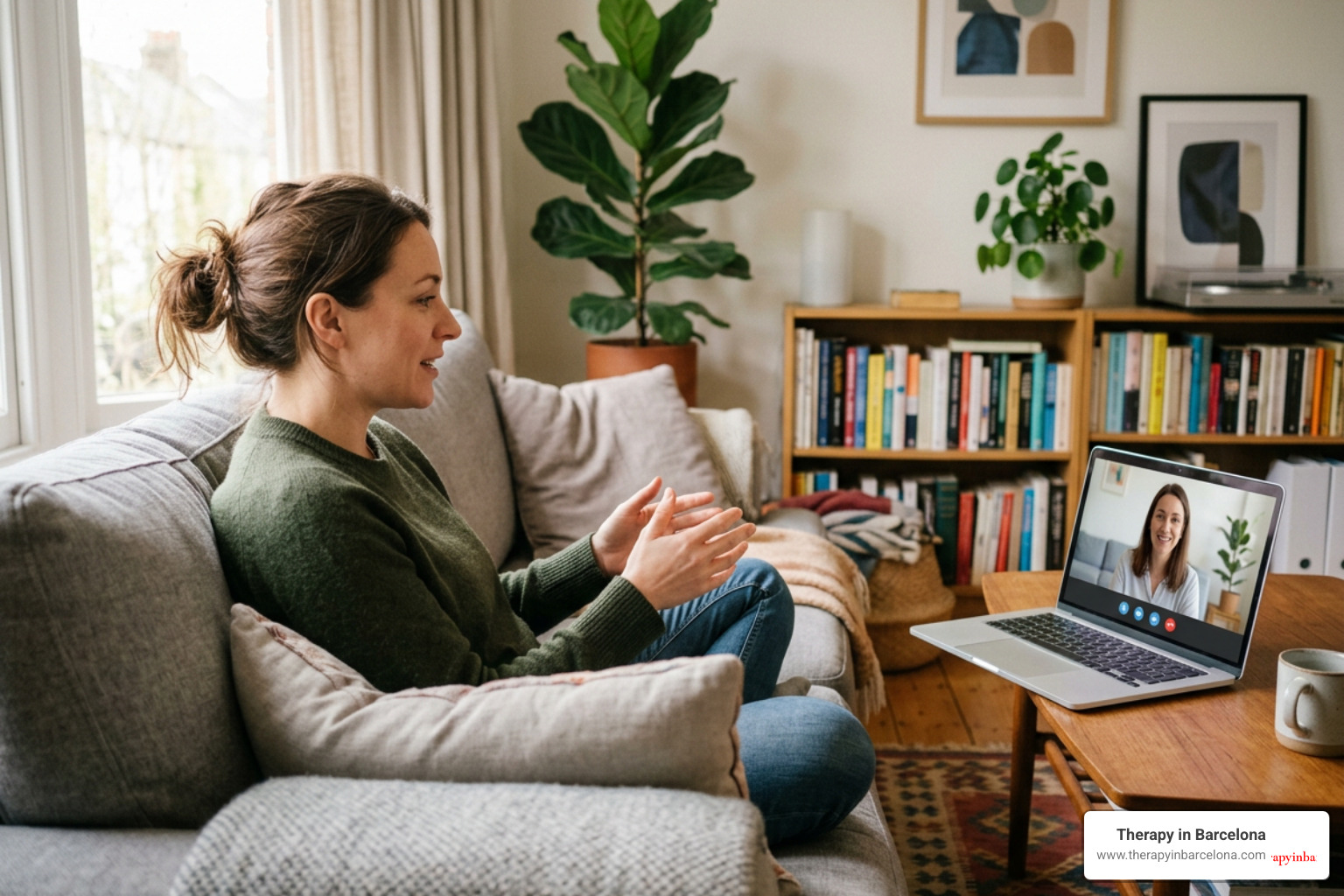 A person sitting comfortably on a sofa during an online therapy session, looking relaxed and talking to a therapist on a