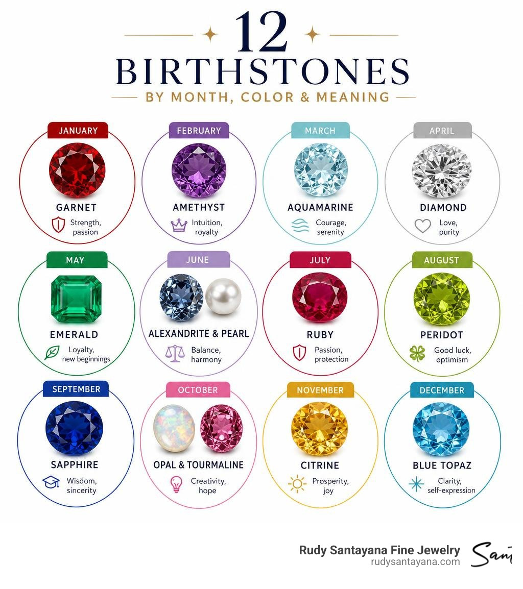 infographic showing 12 birthstones by month with colors and symbolic meanings infographic