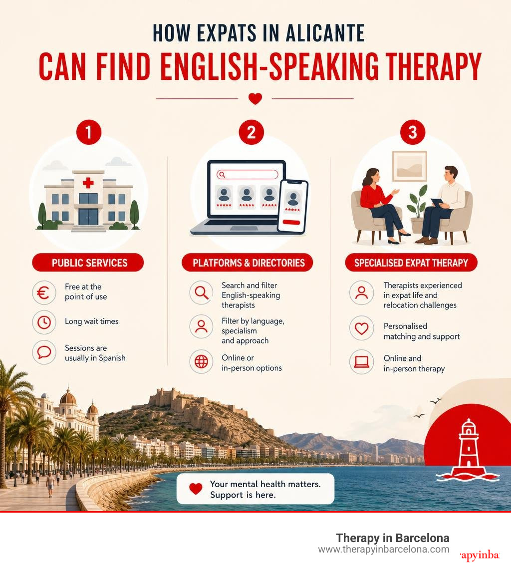 Infographic showing how expats in Alicante can find English-speaking therapy: public services, platforms, specialised expat
