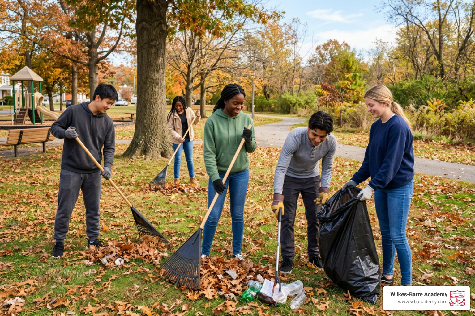 High school students cleaning up a neighborhood park High school students cleaning up a neighborhood park