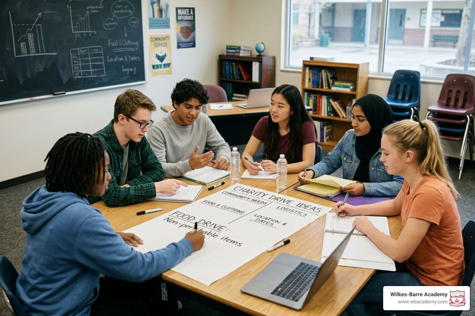 A school student council planning a community charity drive A school student council planning a community charity drive