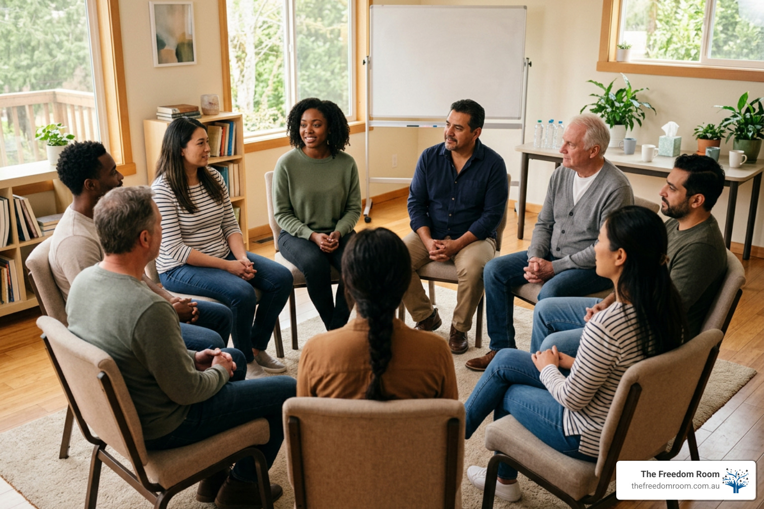 A supportive group therapy session in Australia with diverse participants sharing experiences