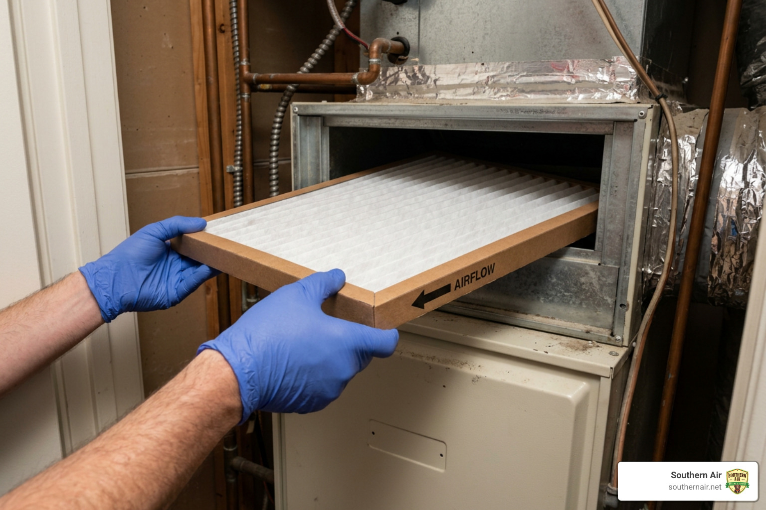 A person sliding a clean air filter into an HVAC slot with the airflow arrow pointing in the correct direction A person sliding a clean air filter into an HVAC slot with the airflow arrow pointing in the correct direction