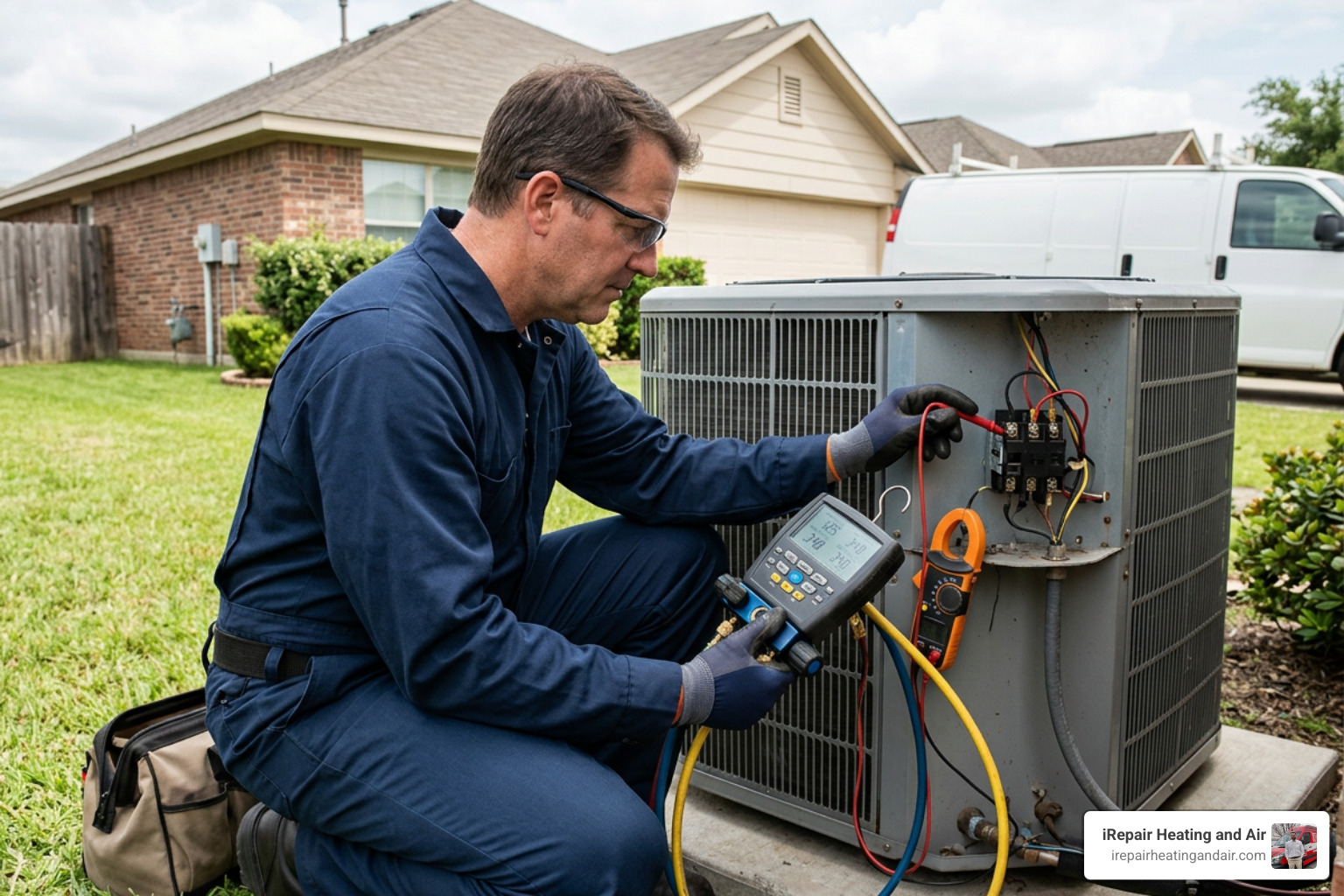 An HVAC technician diagnosing an outdoor condenser unit with digital manifolds and electrical testing gear An HVAC technician diagnosing an outdoor condenser unit with digital manifolds and electrical testing gear