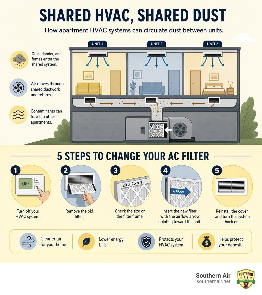 Infographic showing how shared apartment HVAC systems circulate dust between units and steps to change filter infographic Infographic showing how shared apartment HVAC systems circulate dust between units and steps to change filter infographic