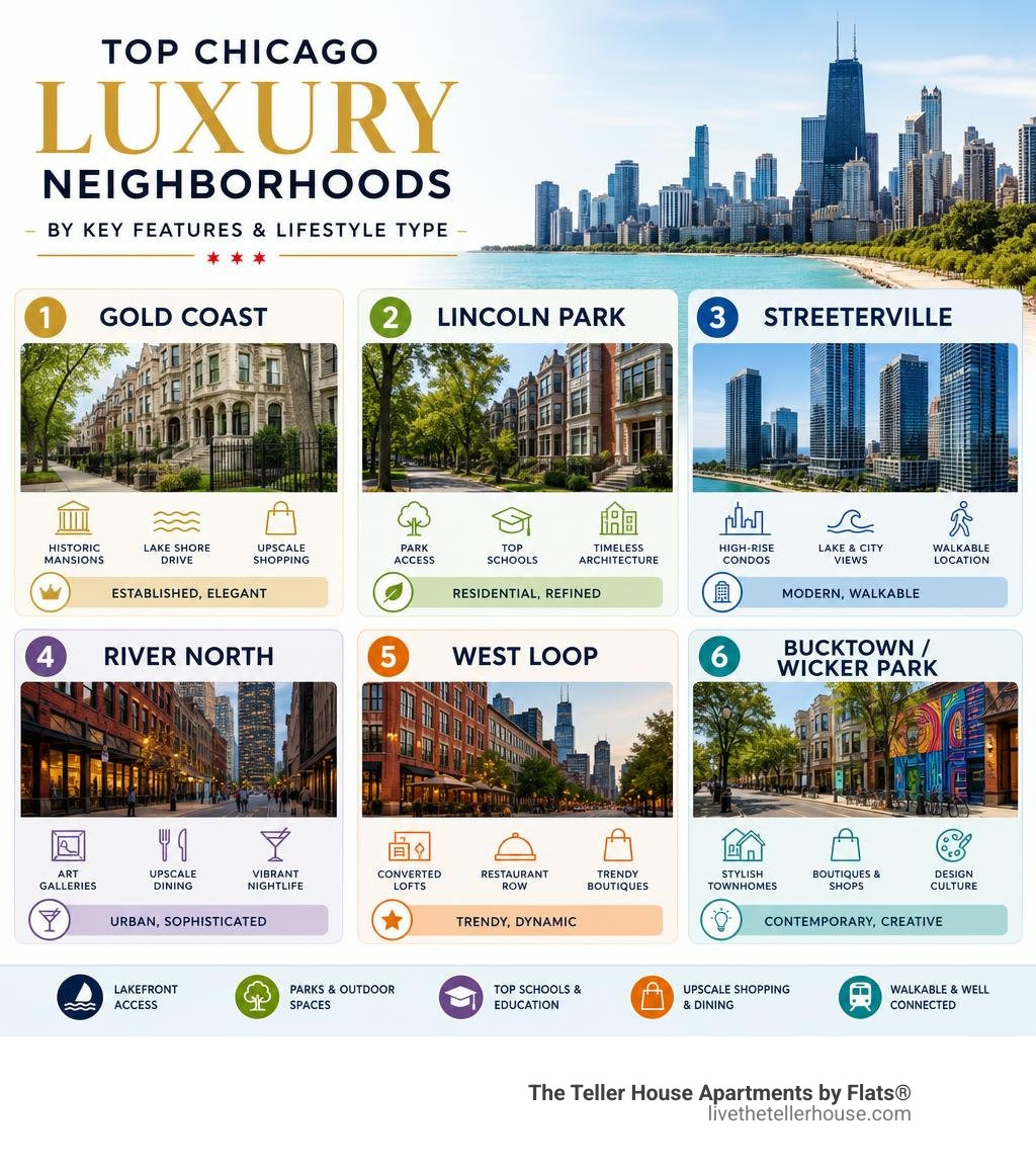 Infographic showing top Chicago luxury neighborhoods by key features and lifestyle type infographic Infographic showing top Chicago luxury neighborhoods by key features and lifestyle type infographic