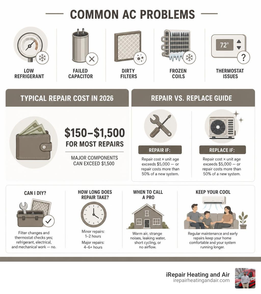 Common AC problems, repair costs, and repair vs replace guide for homeowners infographic Common AC problems, repair costs, and repair vs replace guide for homeowners infographic