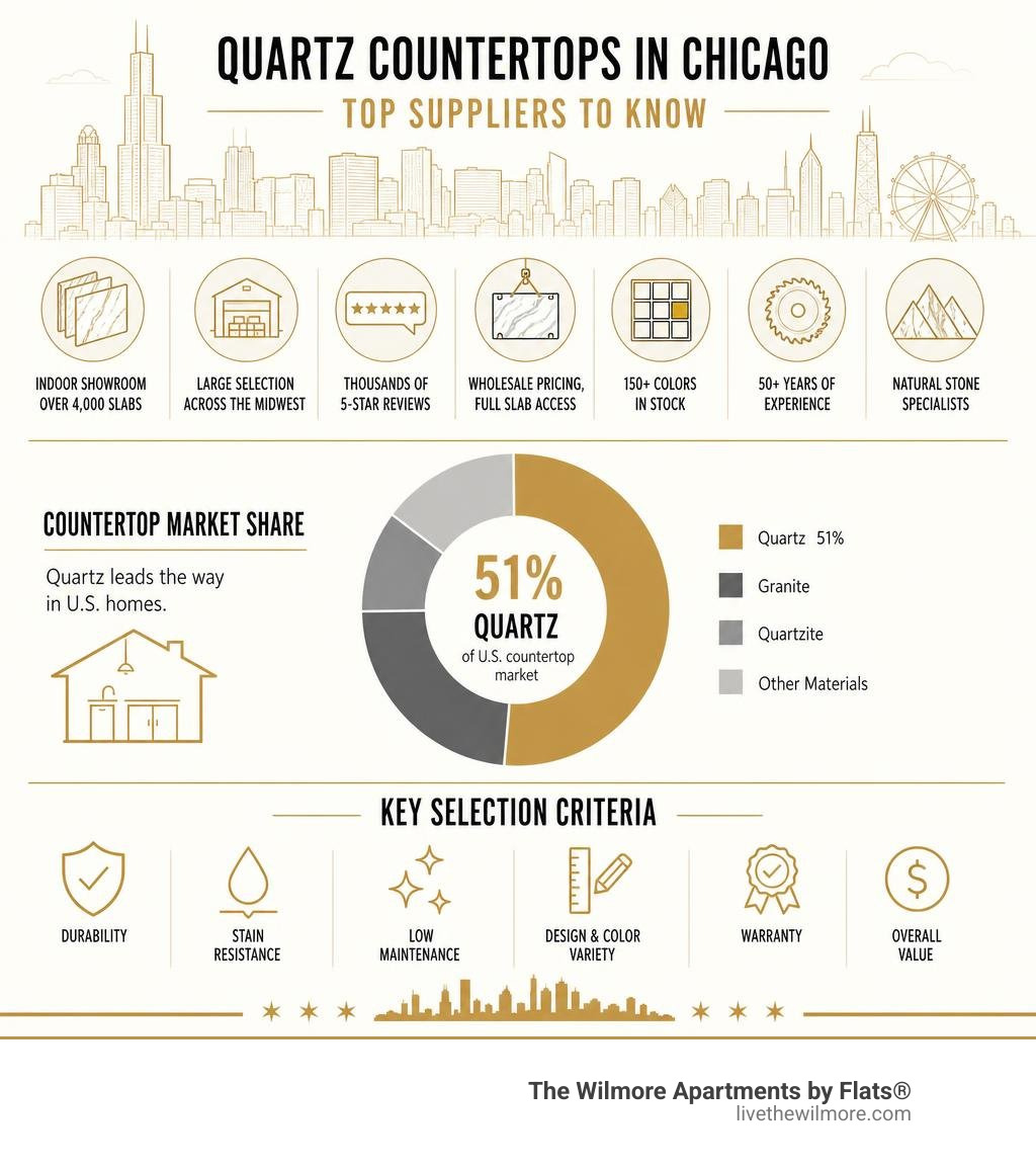 Infographic showing top Chicago quartz suppliers, market share, and key selection criteria infographic