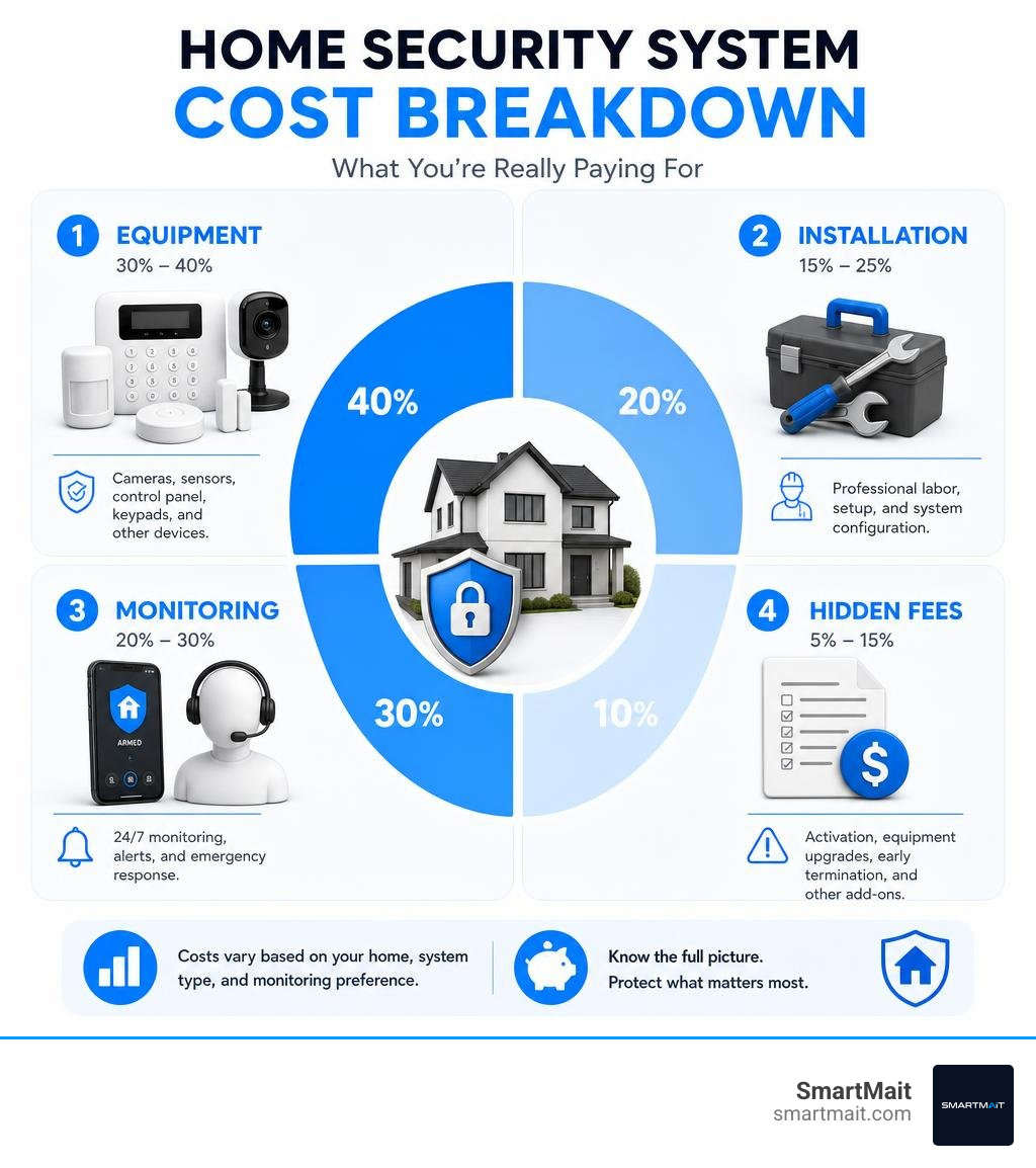 Home security system cost breakdown infographic: equipment, installation, monitoring, and hidden fees infographic