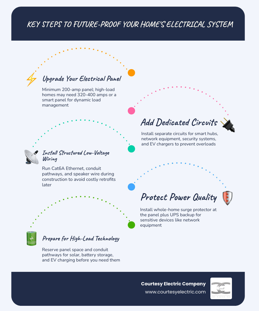 Infographic showing the key components of a future-proof smart home electrical system including panel, circuits, wiring, and