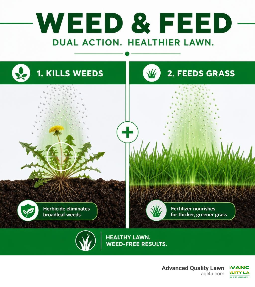 Infographic showing dual-action steps of weed and feed: herbicide kills weeds, fertilizer feeds grass infographic