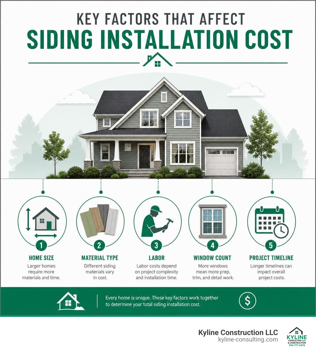 Infographic showing key siding installation cost factors: home size, material type, labor, window count, and project