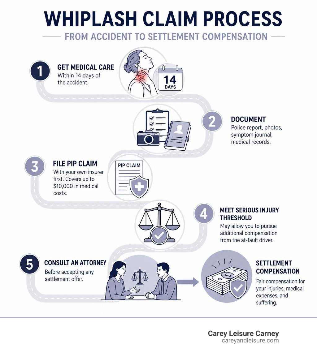 Step-by-step whiplash claim process from accident to settlement compensation infographic Step-by-step whiplash claim process from accident to settlement compensation infographic